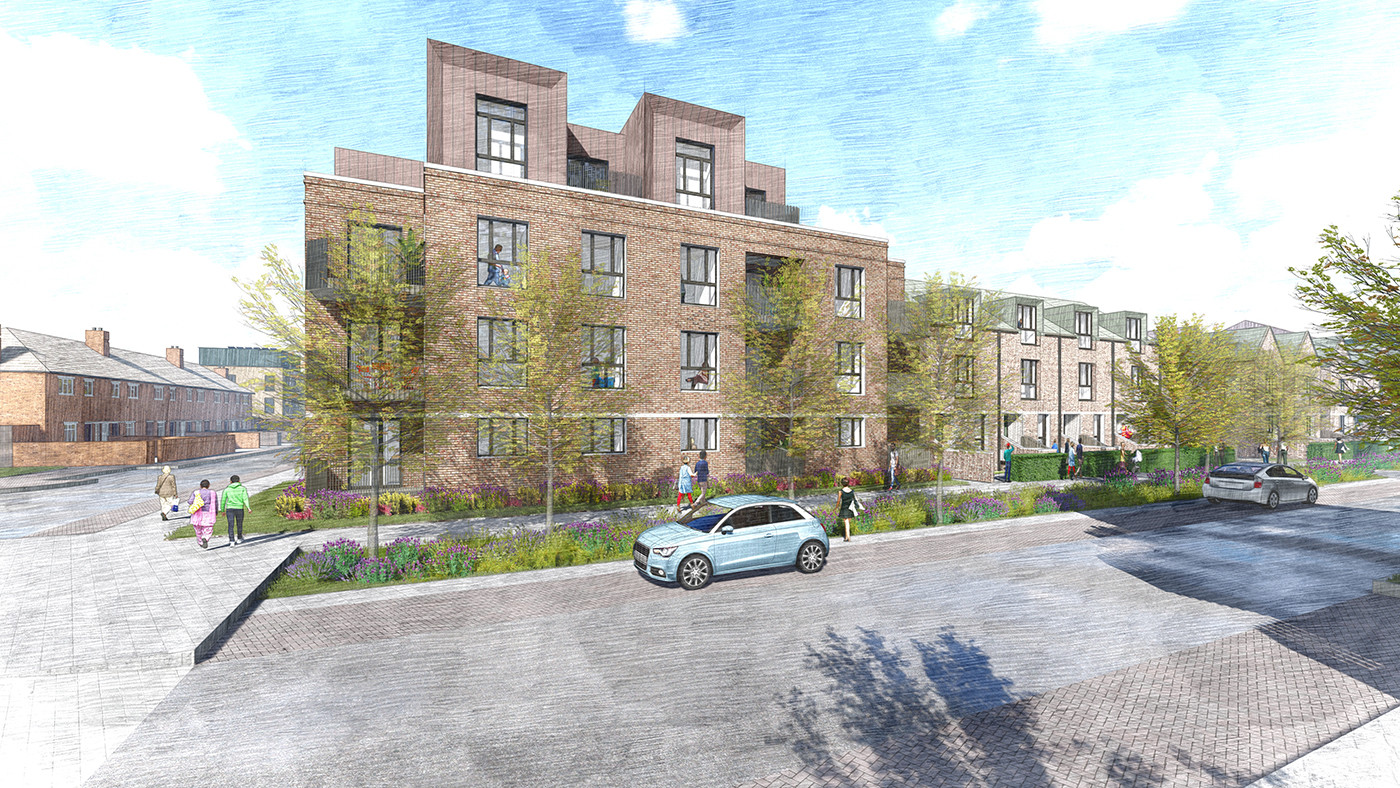 A CGI sketch of a 4-storey new build block, with trees and a car in front.